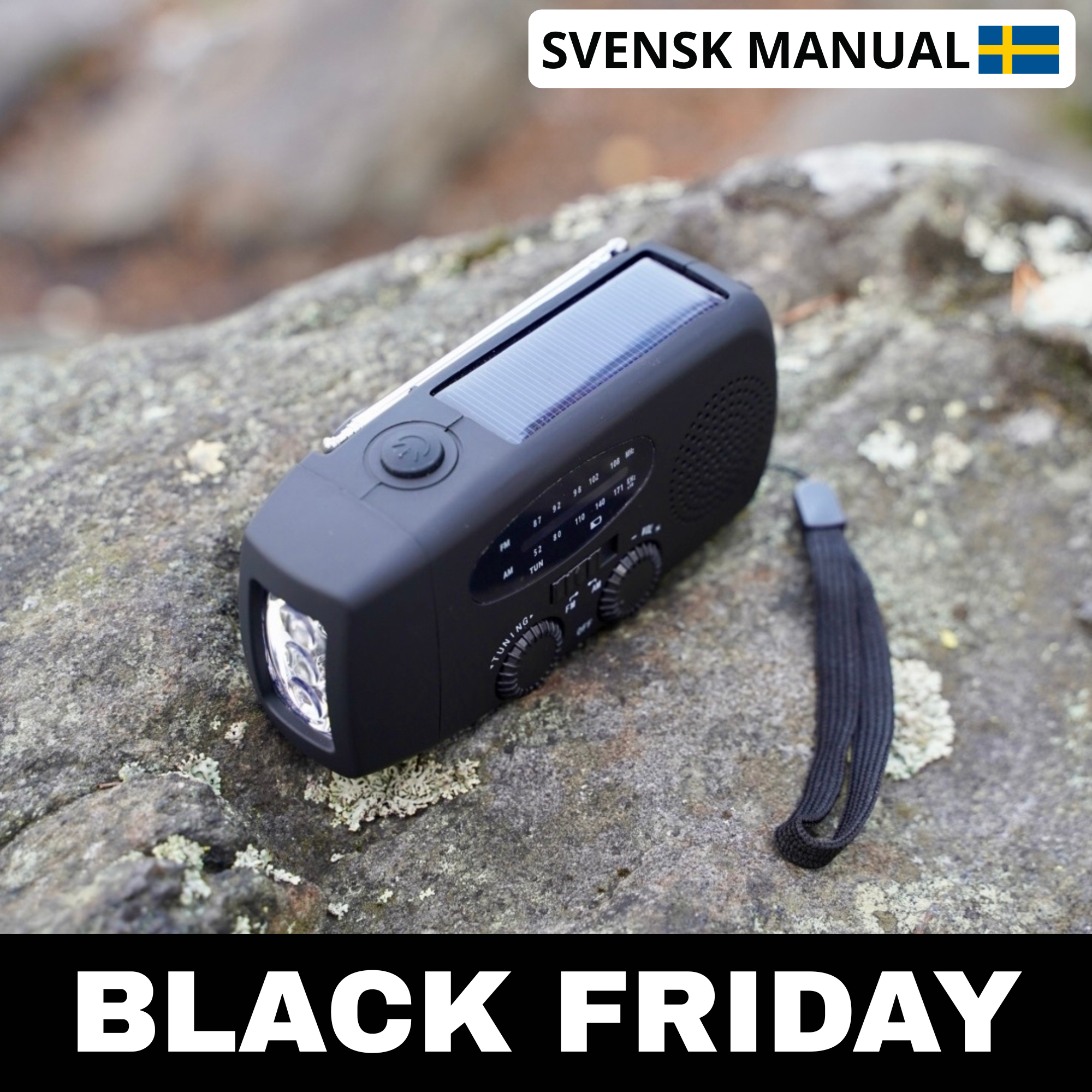 Nödradio - 2000 mAh inbyggd Powerbank, Ficklampa och Solceller