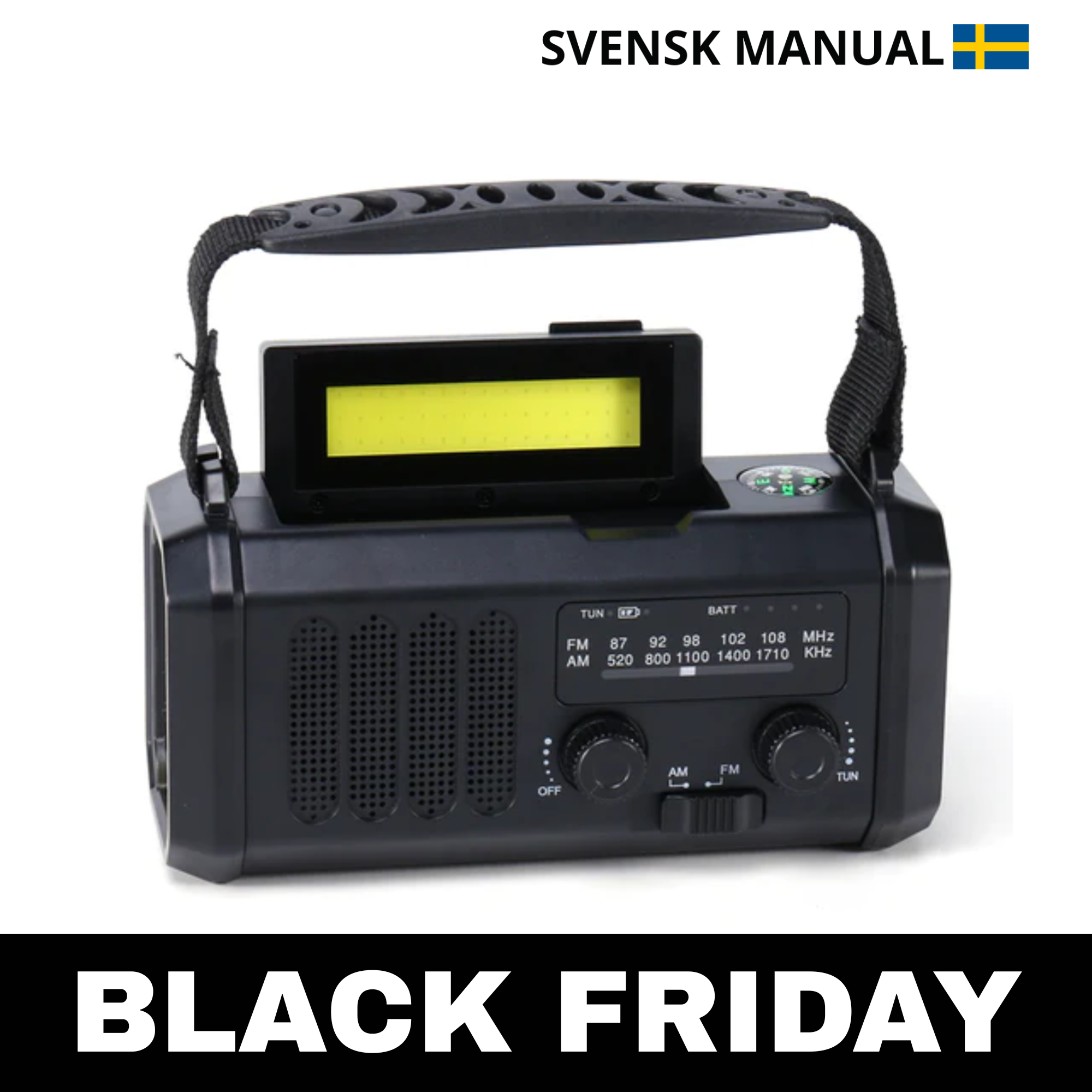 Nödradio Pro - 10,000mAh inbyggd Powerbank, Kompass, Ficklampa och Solceller