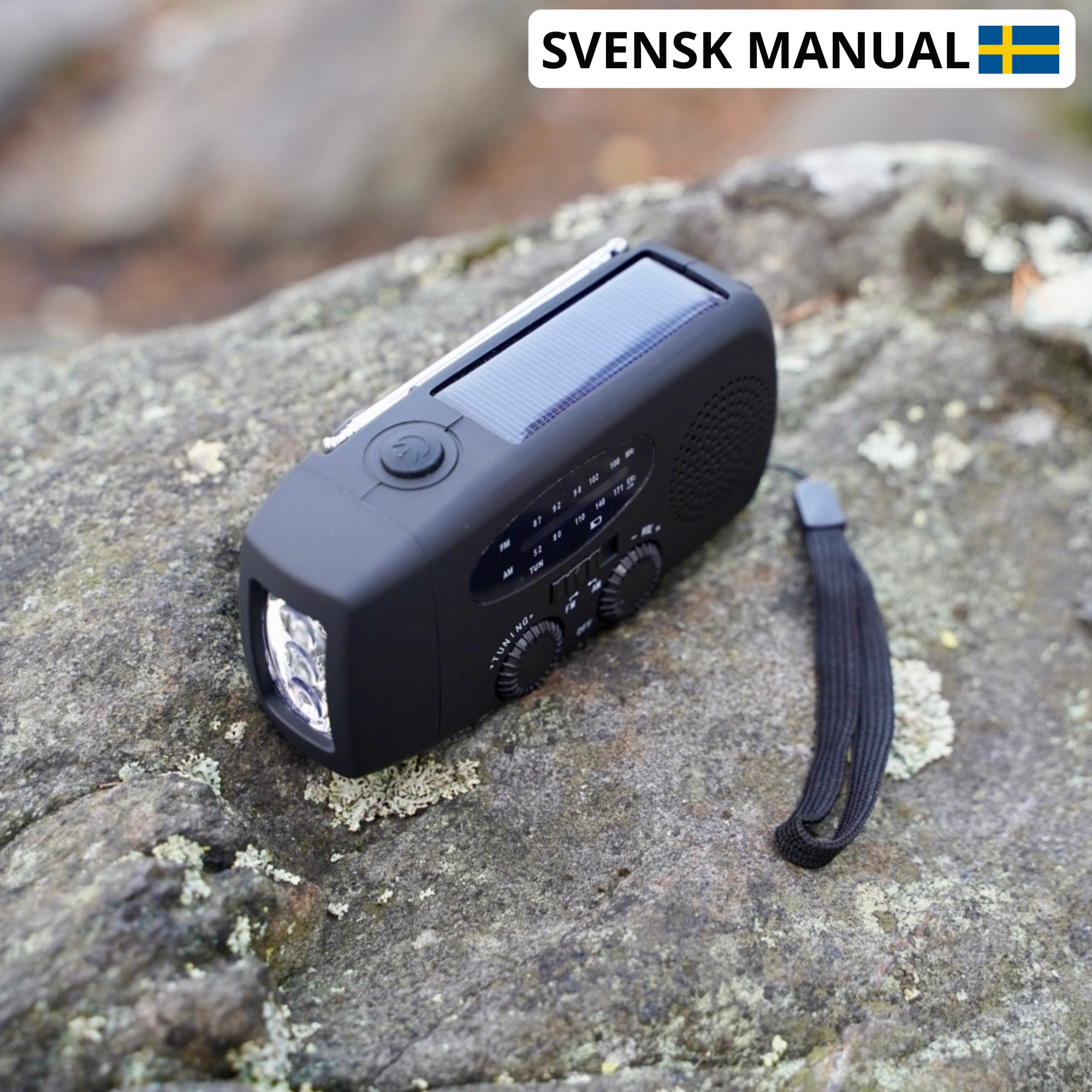 Nödradio - 2000 mAh inbyggd Powerbank, Ficklampa och Solceller