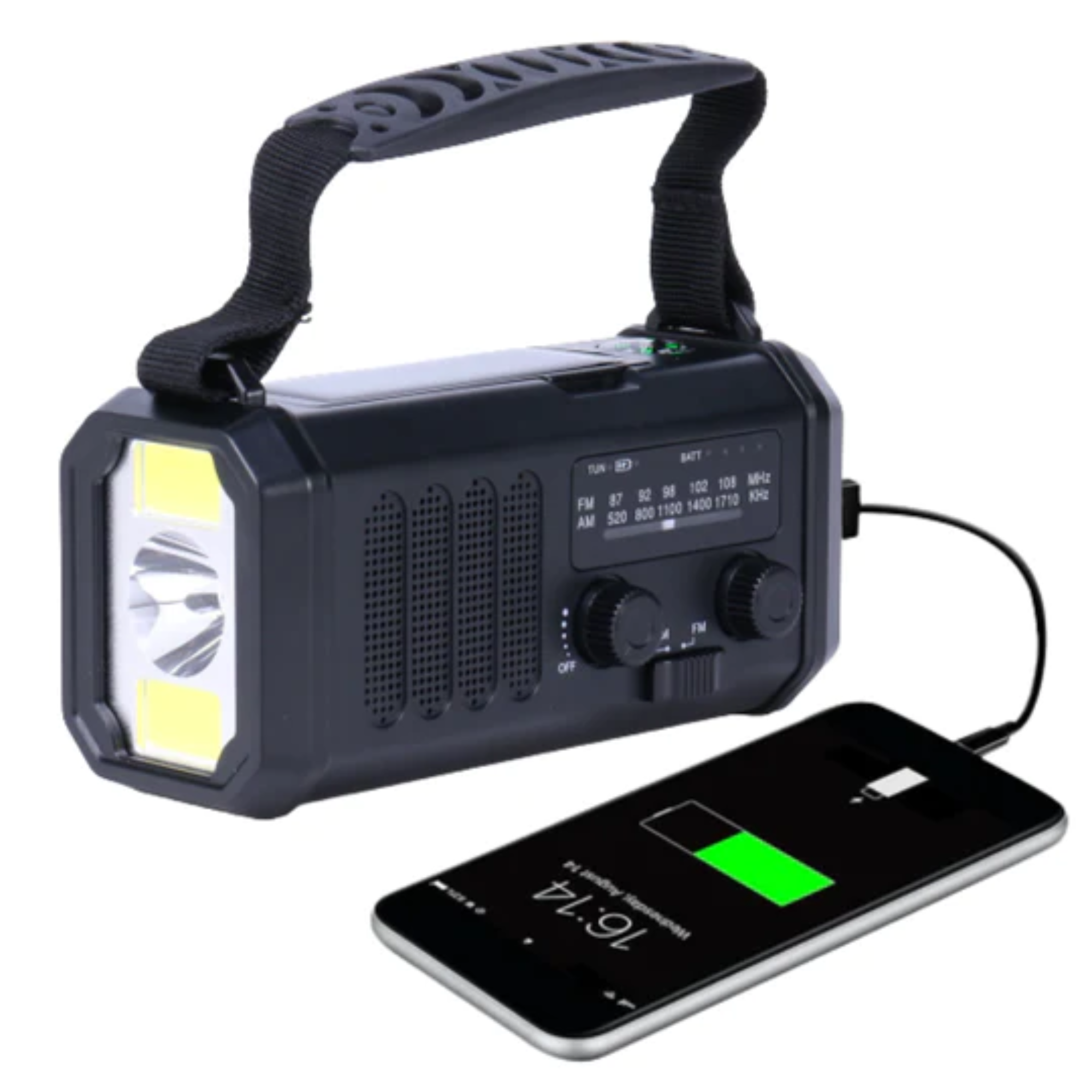 Nödradio Pro - 10,000mAh inbyggd Powerbank, Kompass, Ficklampa och Solceller