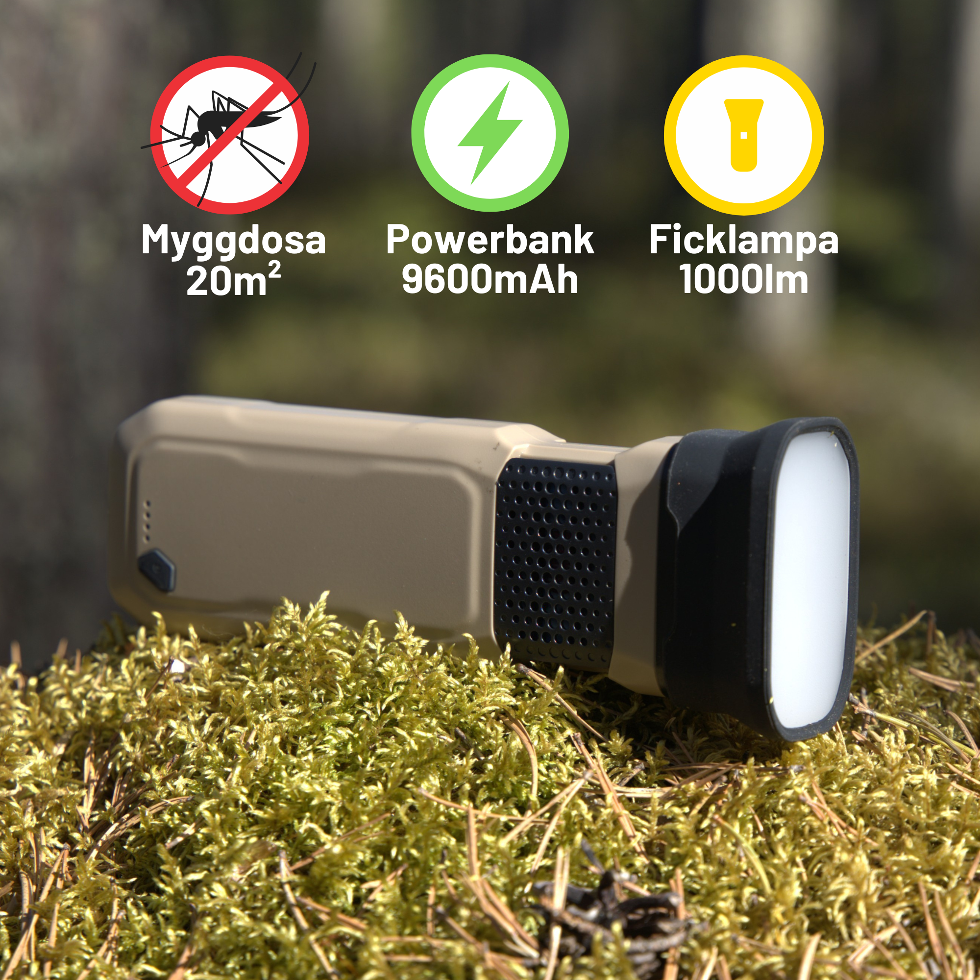3-in-1 Myggdosa, 9600 mAh Powerbank & Ficklampa