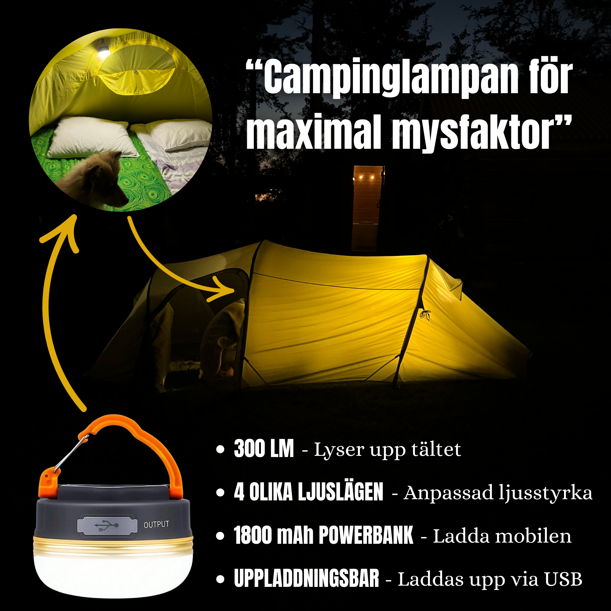LED Campinglampa - 1800 mAh inbyggd Powerbank & SOS ljussignal